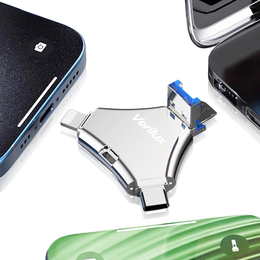 Verilux Pendrive 64GB 4 in 1 Flash Drive with Light-ning, Micro USB, USB A, Type-C Interface Mini Hangable PenDrive for iOS & Android Verilux Pendrive 64GB 4 in 1 Flash Drive with Light-ning, Micro USB, USB A, Type-C Interface Mini Hangable PenDrive for iOS & Android